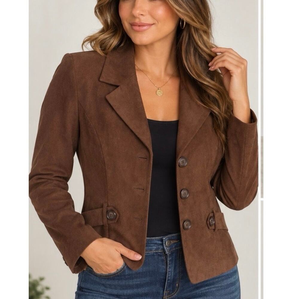 Perceptions Petite 12P Brown Faux Suede Blazer Fitted Y2K Career Jacket